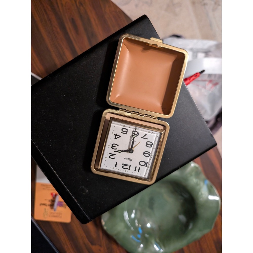 Vintage Linden Travel Alarm Clock Square Black Folding Case Gold Manual Wind